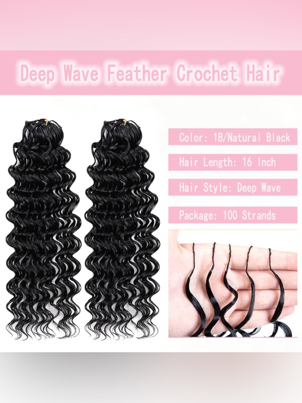 Black Deep Wave Feather Tip Crochet Braids, Pre-Looped, Soft, Curly Extensions - Picture 3 of 13